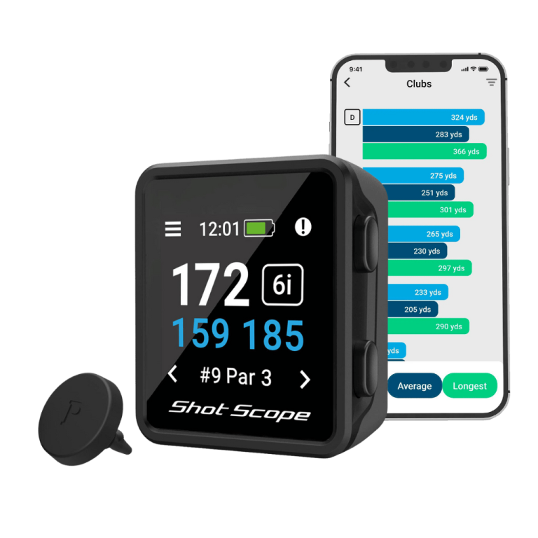 Product image of Shot Scope H4 with Shot Scope mobile app showing statistics
