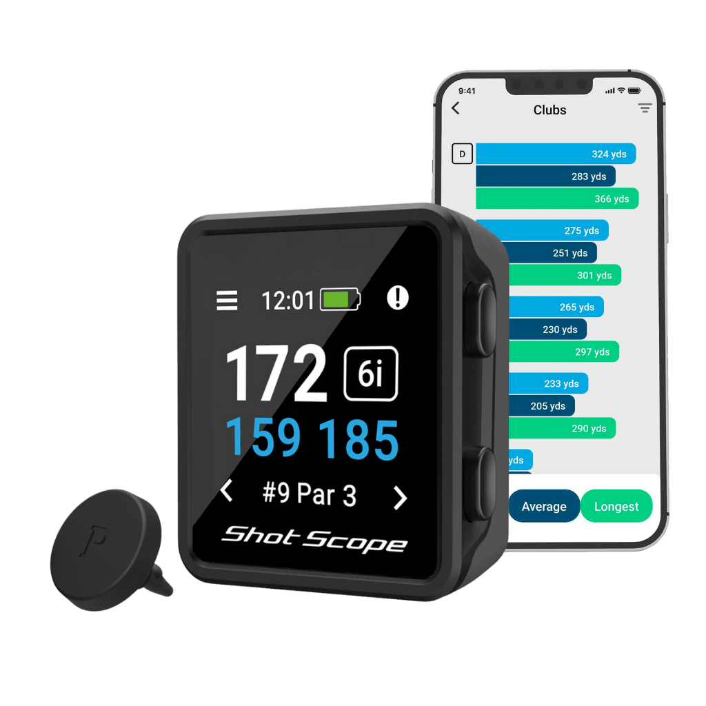 Product image of Shot Scope H4 with Shot Scope mobile app showing statistics