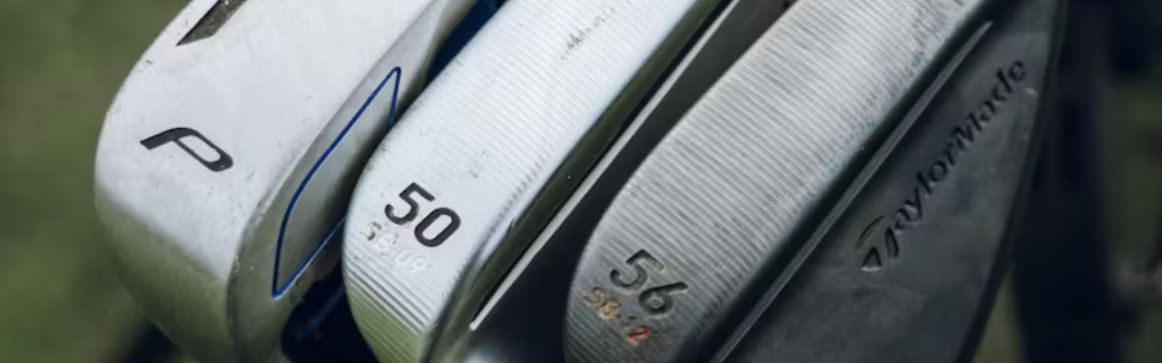 A close up of three golf club in a golf bag.
