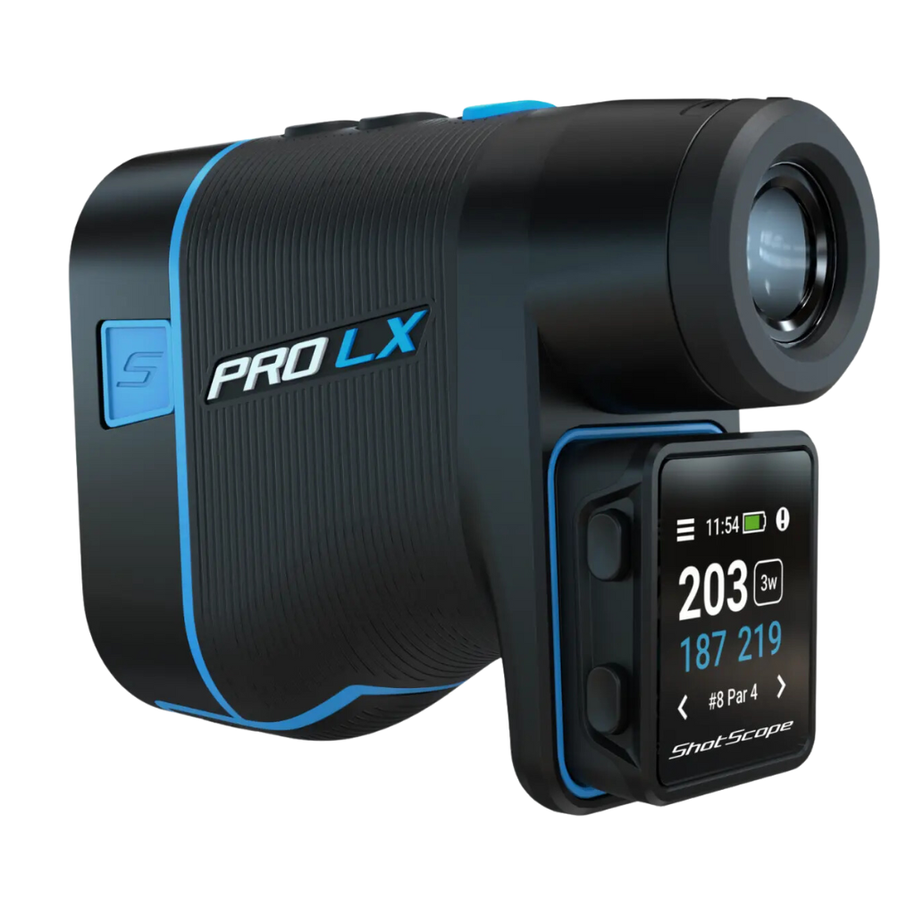 The Shot Scope PRO LX+ GPS laser rangefinder in blue with H4 Handheld attached