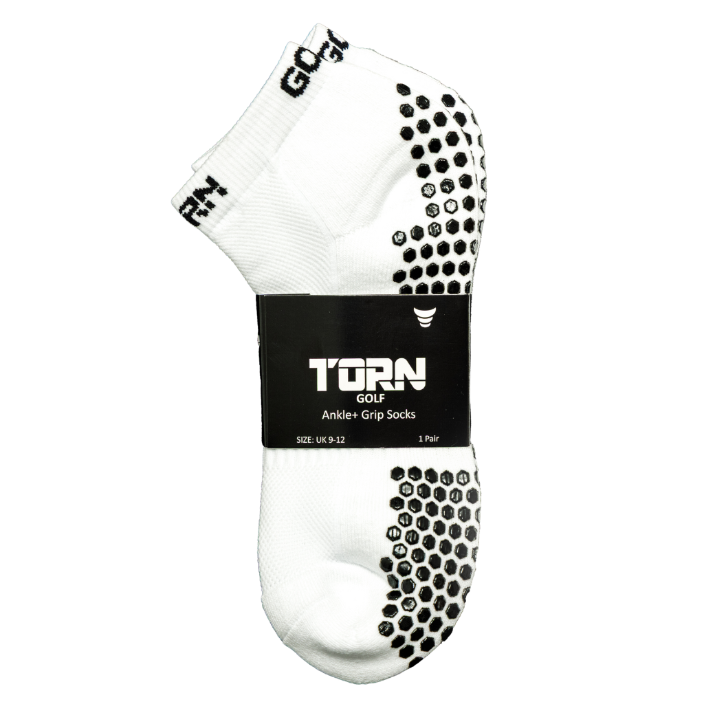 Pair of Torn golf socks held together with branded sleeve.