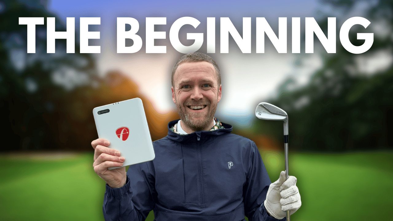 A man standing in front of a golf course holding a golf club and the FlightScope Mevo Gen 2 launch monitor.