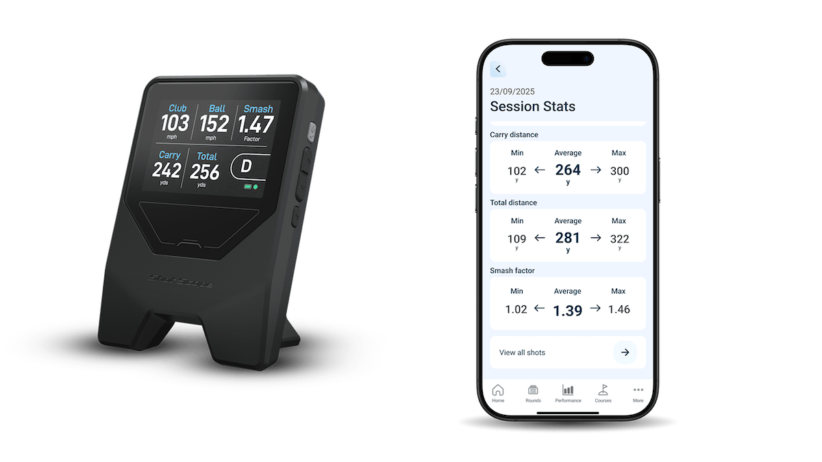 Shot Scope LM1 launch monitor product shot with data and mobile app