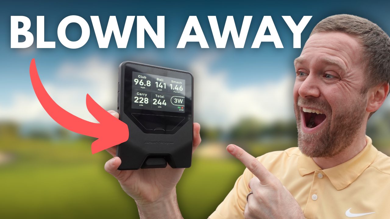 Andy Holding the Shot Scope LM1 launch monitor with the heading 'Blown Away' above.