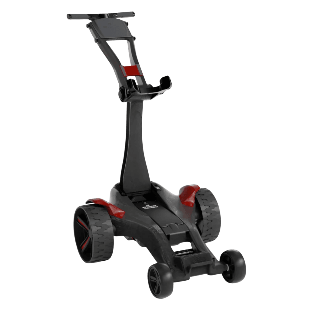 Stewart Golf VERTX Remote golf trolley in black and red with a white background