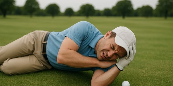Golfer lying on the ground holding his head next to a golf ball