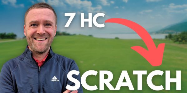 Andy standing in front of a golf course with the text 7 HC and Scratch as well as a red arrow visible as an overlay