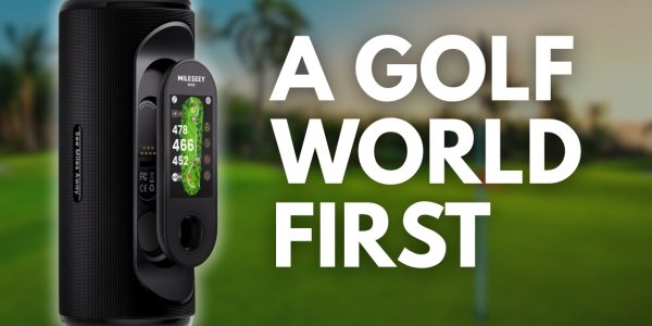 Mileseey GeneSonic Pro GPS device displayed with the text 'A golf world first'