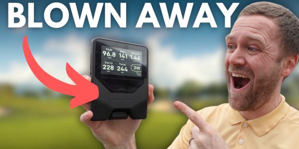 Andy Holding the Shot Scope LM1 launch monitor with the heading 'Blown Away' above.