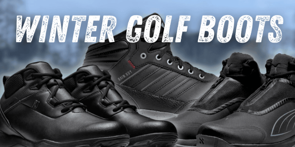 Winter golf boots with a golf course background