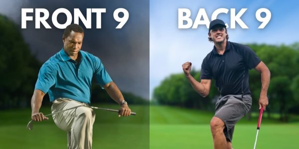 Two golfers standing on a golf course. One looks unhappy and is snapping a golf club with the text 'Front 9' displayed above him. The second male golfer is fist pumping and has the text 'Back 9' shown above him.