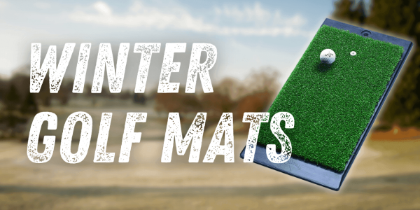 A Callaway FT Lauch winter golf mat shown on top of a golf course image, with the text 'Winter Golf Mats' displayed.